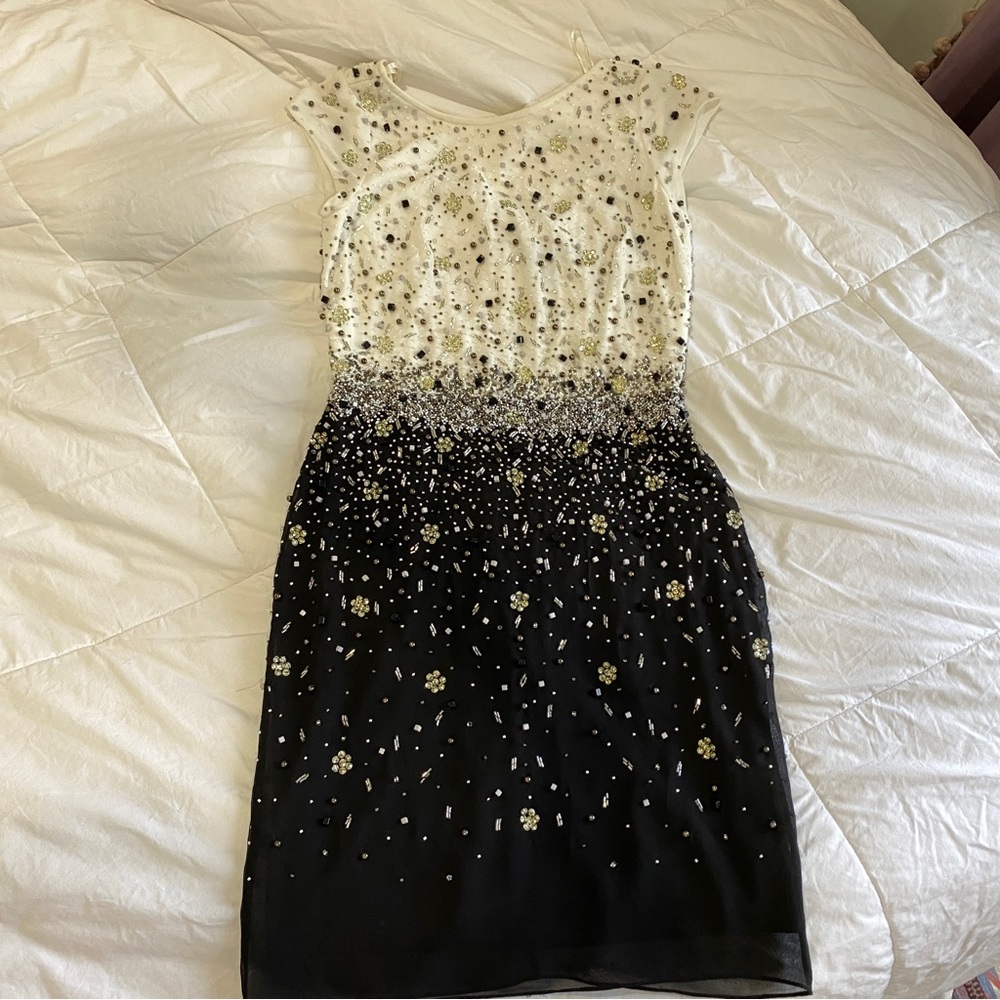 white black gold silver beaded dress
